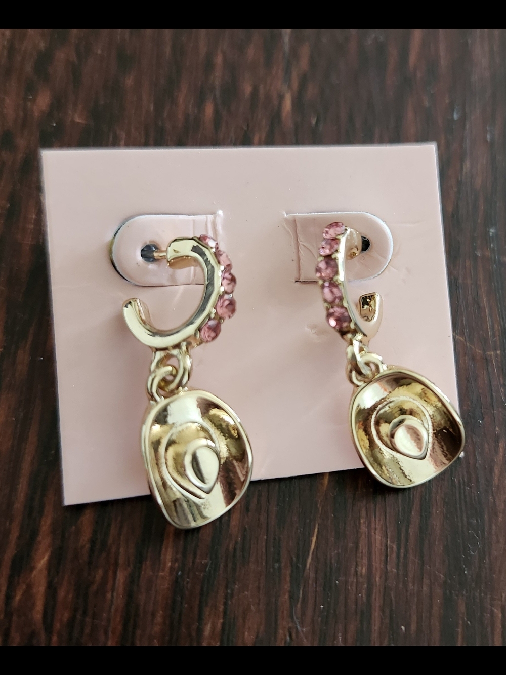 Gold Cowboy Hat Drop Earrings with Pink Crystals